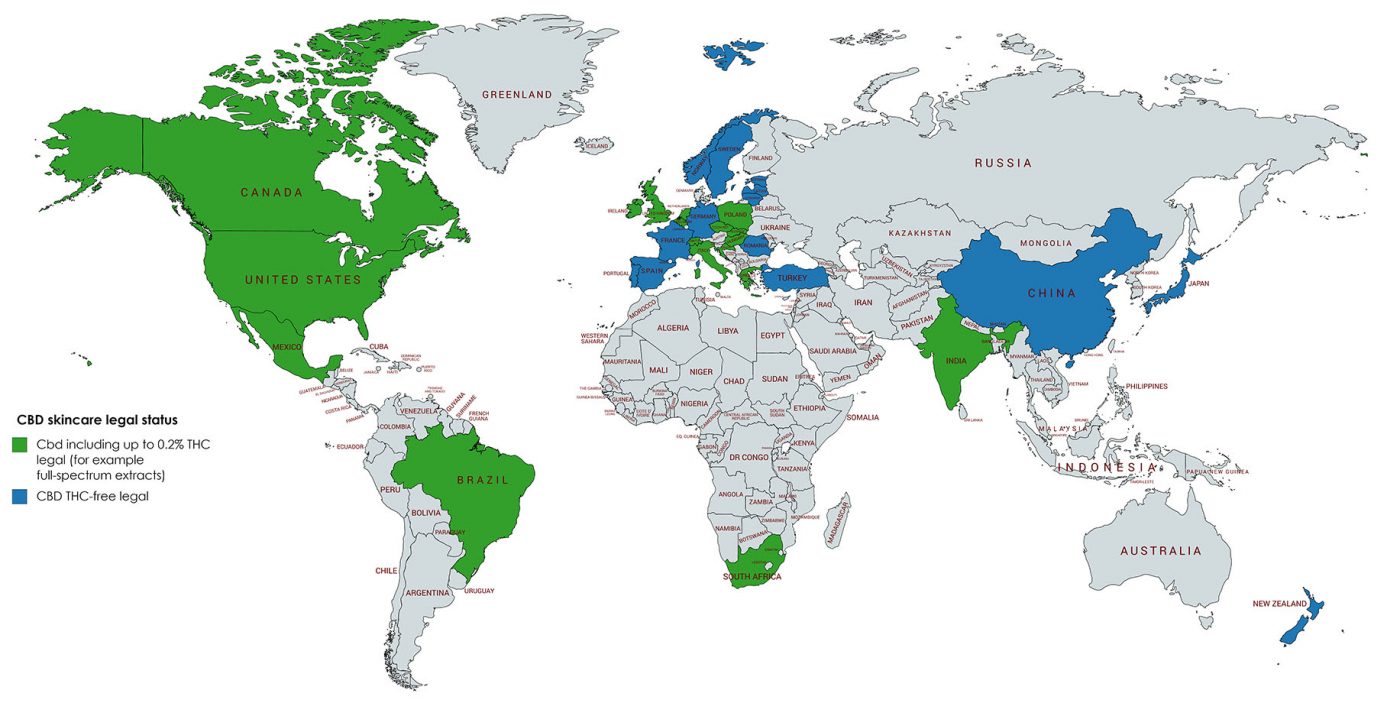 map of where CBD oil and Cannabidiol skincare is legal worldwide